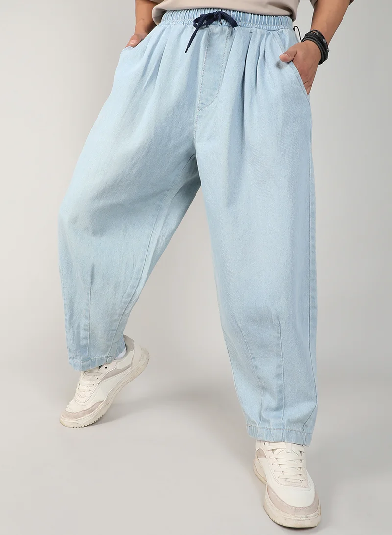 Men's Light Blue Baggy Denim Jeans For Casual Wear | 2 Pockets | Mid- Rise | Drawstring Closure | Denim Jeans Crafted With Comfort Fit For Everyday Wear